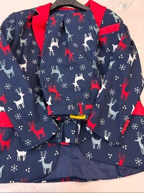 Tipsy Elves Navy Holiday Suit Blazer with Red & Light Gray Reindeer